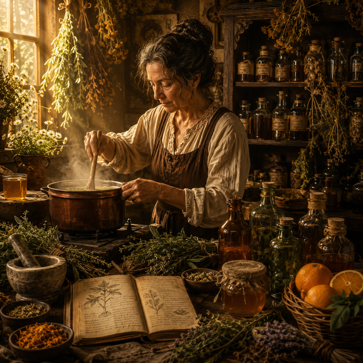 Abuela preparando remedio en la cocina